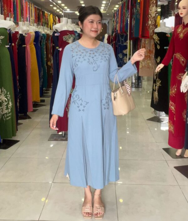 Đầm Suông Dài Tay Xanh Pastel - Ảnh 2