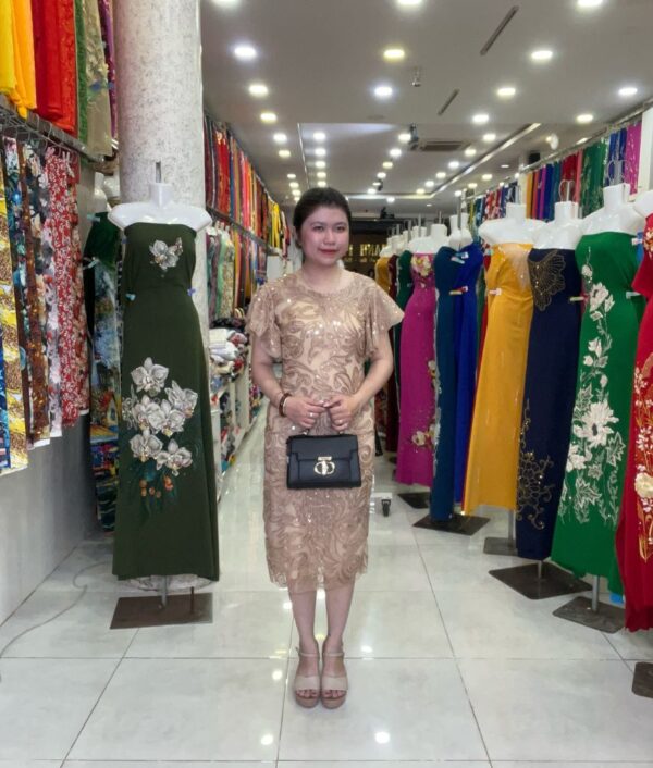 Đầm Ren Trung Niên Màu Be Ánh Kim TBA000086