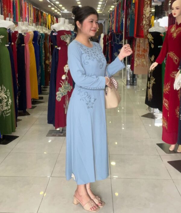 Đầm Suông Dài Tay Xanh Pastel - Ảnh 3