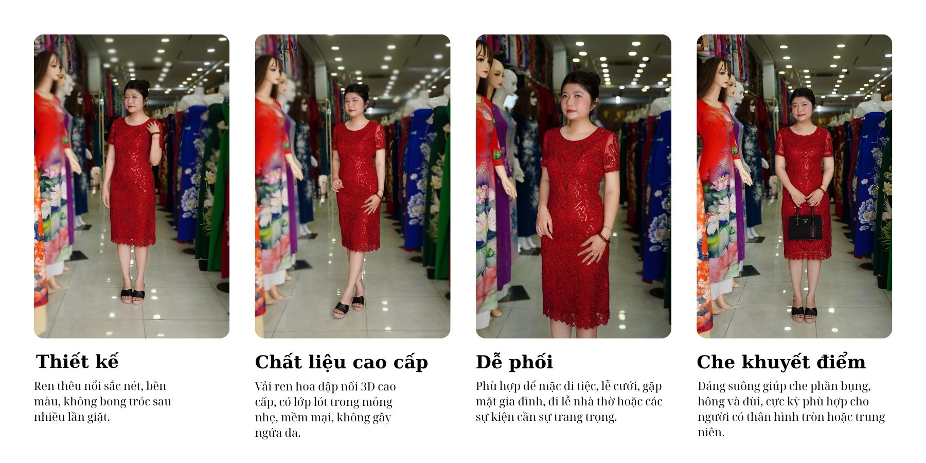 Đầm Trung Niên Đỏ Đô Ren Hoa Nổi