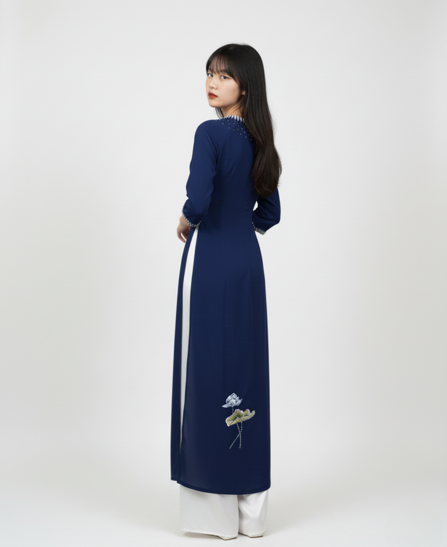 Áo dài hạc sen lam đậm VY02-02 - Ảnh 4