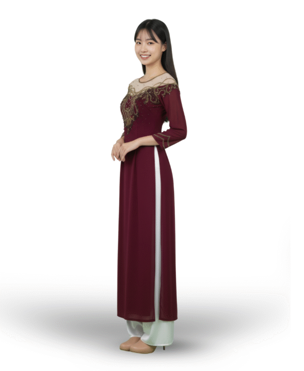 Áo dài dạ yến đỏ mận LAI001-02