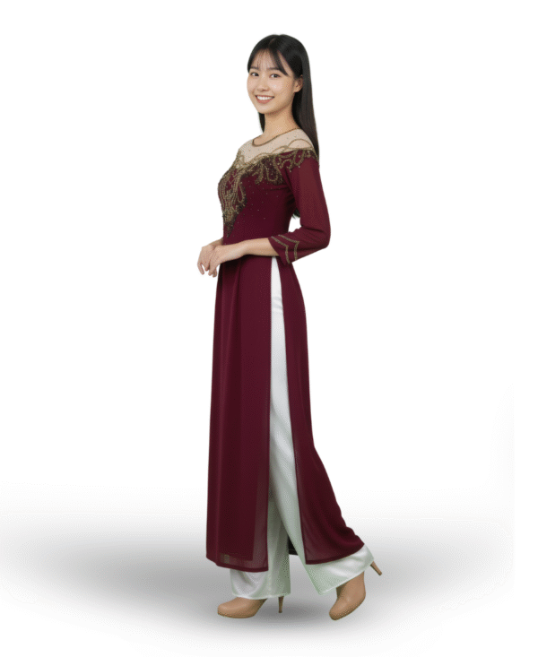 Áo dài dạ yến đỏ mận LAI001-02